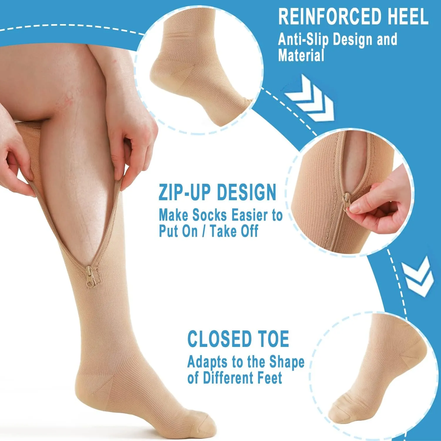 Medical Zipper Compression Socks 15-20mmHg for Women&Men, Knee High Compression Stockings