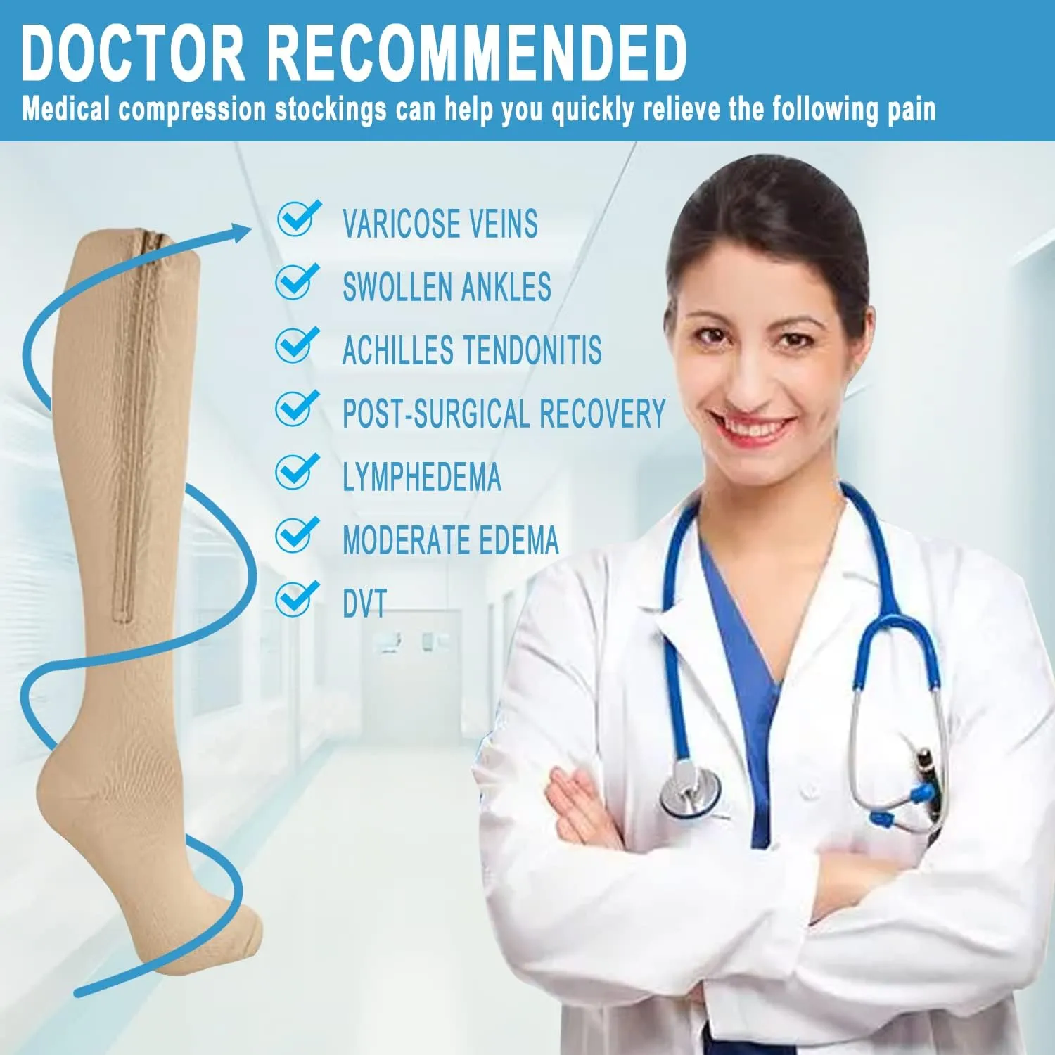 Medical Zipper Compression Socks 15-20mmHg for Women&Men, Knee High Compression Stockings