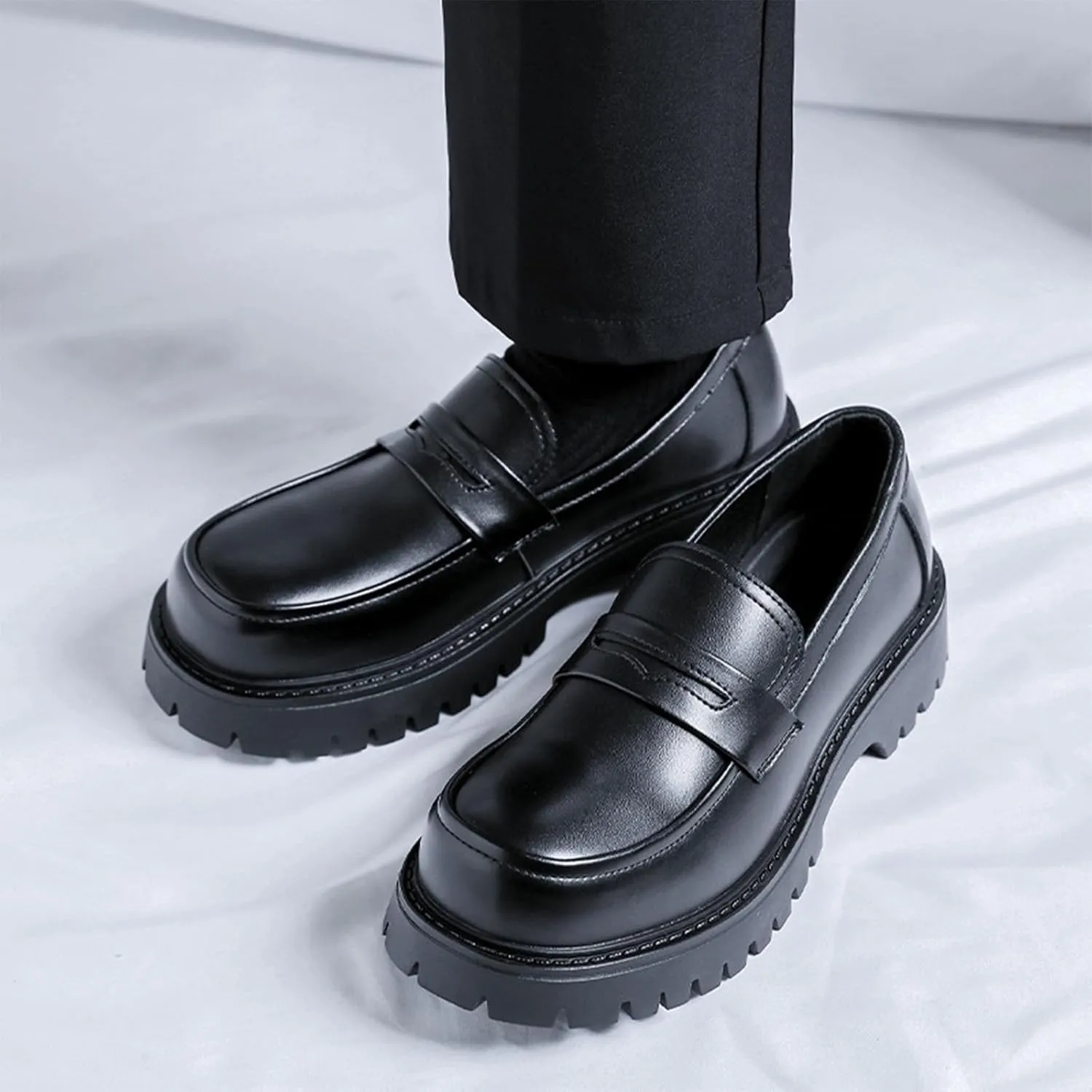Men's Classic Black Platform Loafers Round Toe Breathable Leather Slip On Work Shoes Comfort Non Slip Lug Sole Penny Shoes
