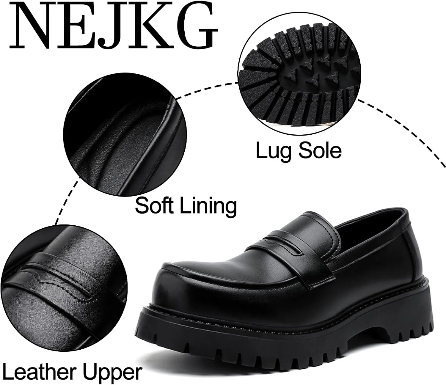 Men's Classic Black Platform Loafers Round Toe Breathable Leather Slip On Work Shoes Comfort Non Slip Lug Sole Penny Shoes