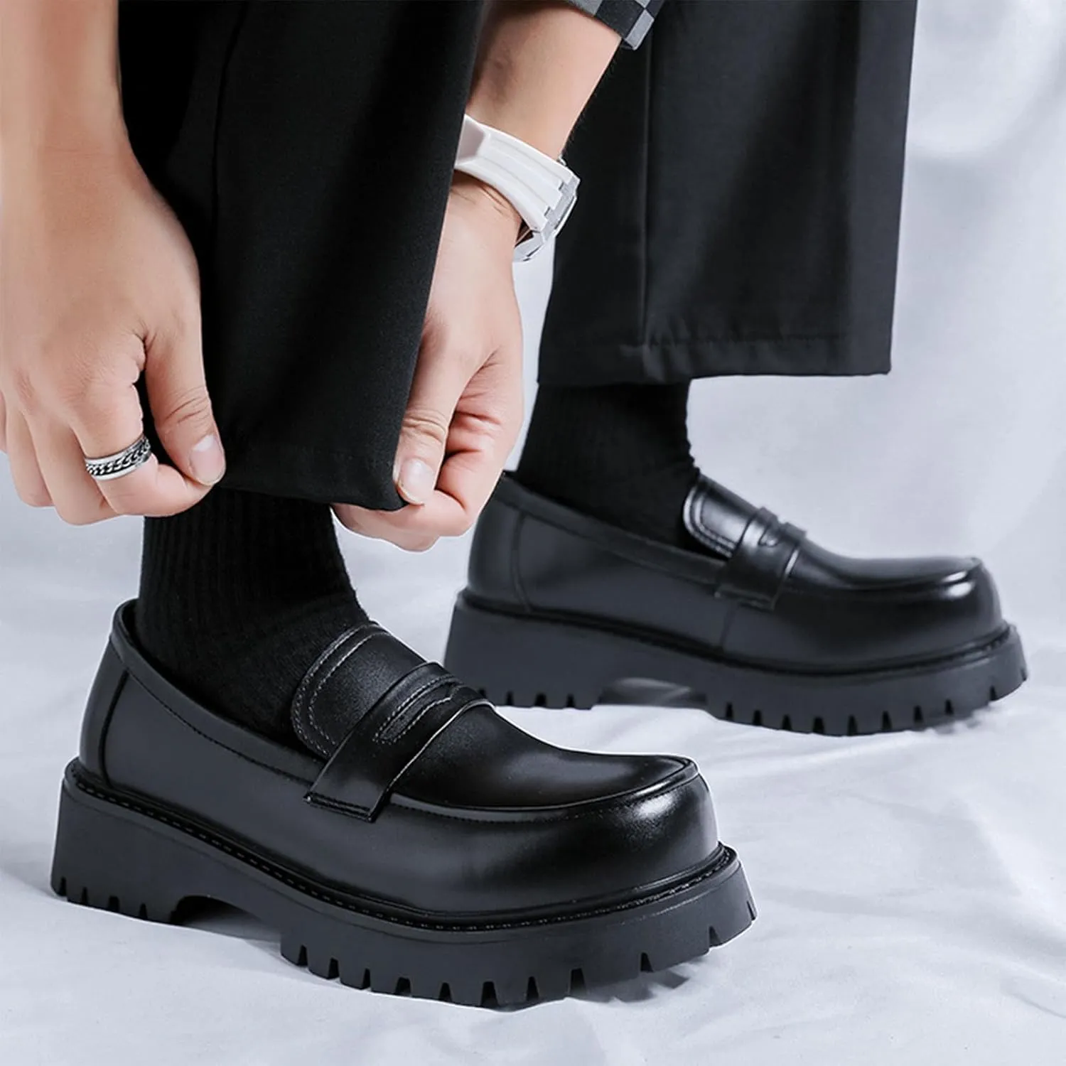 Men's Classic Black Platform Loafers Round Toe Breathable Leather Slip On Work Shoes Comfort Non Slip Lug Sole Penny Shoes