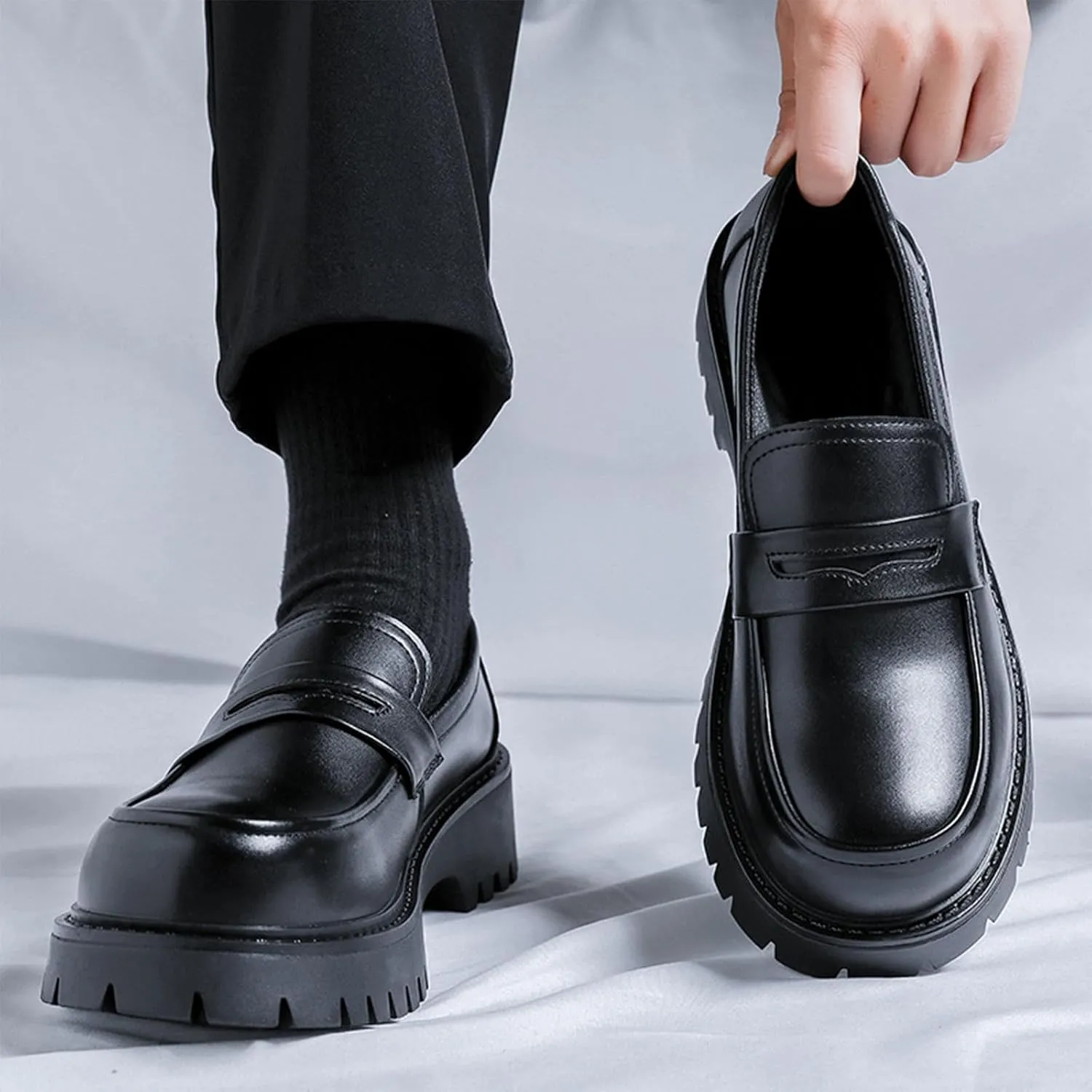 Men's Classic Black Platform Loafers Round Toe Breathable Leather Slip On Work Shoes Comfort Non Slip Lug Sole Penny Shoes