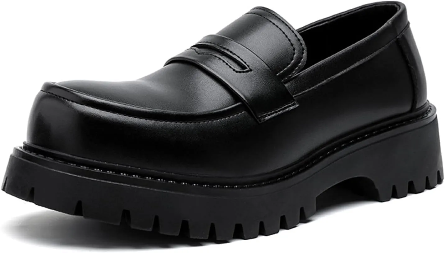 Men's Classic Black Platform Loafers Round Toe Breathable Leather Slip On Work Shoes Comfort Non Slip Lug Sole Penny Shoes