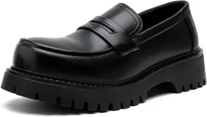 Men's Classic Black Platform Loafers Round Toe Breathable Leather Slip On Work Shoes Comfort Non Slip Lug Sole Penny Shoes