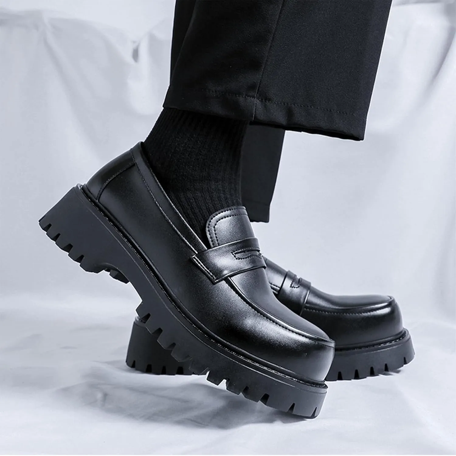 Men's Classic Black Platform Loafers Round Toe Breathable Leather Slip On Work Shoes Comfort Non Slip Lug Sole Penny Shoes