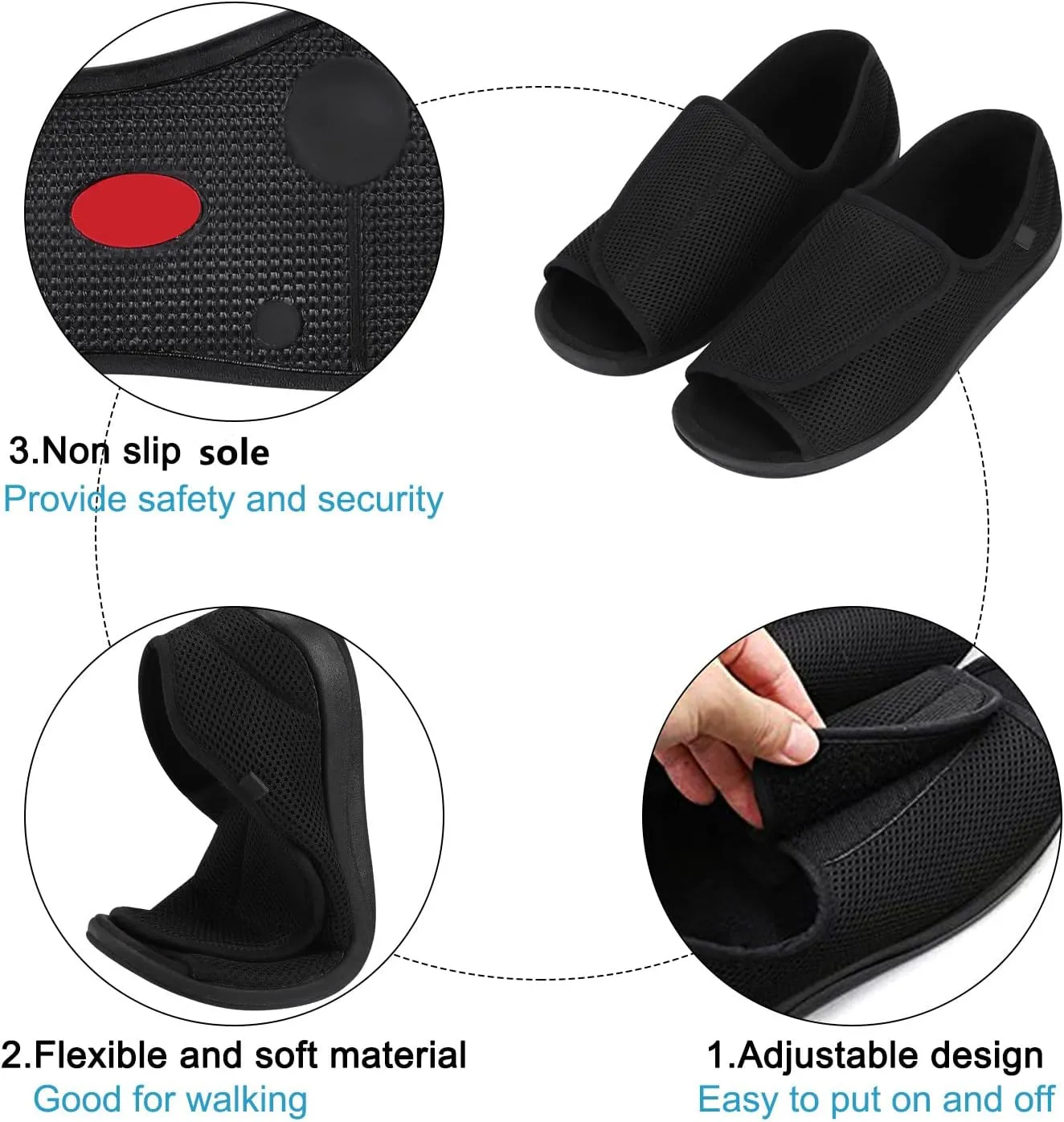 Men’s Diabetic Recovery Slippers Open Toe Wide Width Edema Shoes Adjustable Walking Shoes Memory Foam Slide Slippers Footwear for Arthritis Swollen Feet Elderly Senior Indoor Outdoor Use