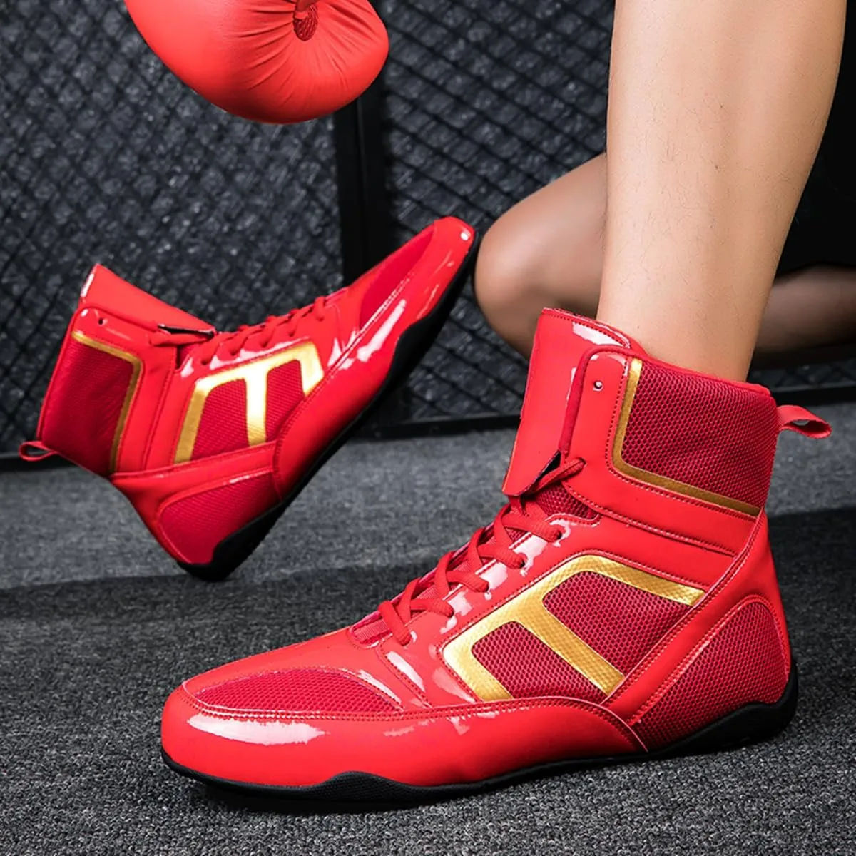 Men's Pro Boxing Shoes Breathable Wrestling Shoes Lightweight Training Shoe for Adult & Youth Men Women High Top Fitness Sneakers Non Slip Rubber Boots Deep Squat Combat Shoes