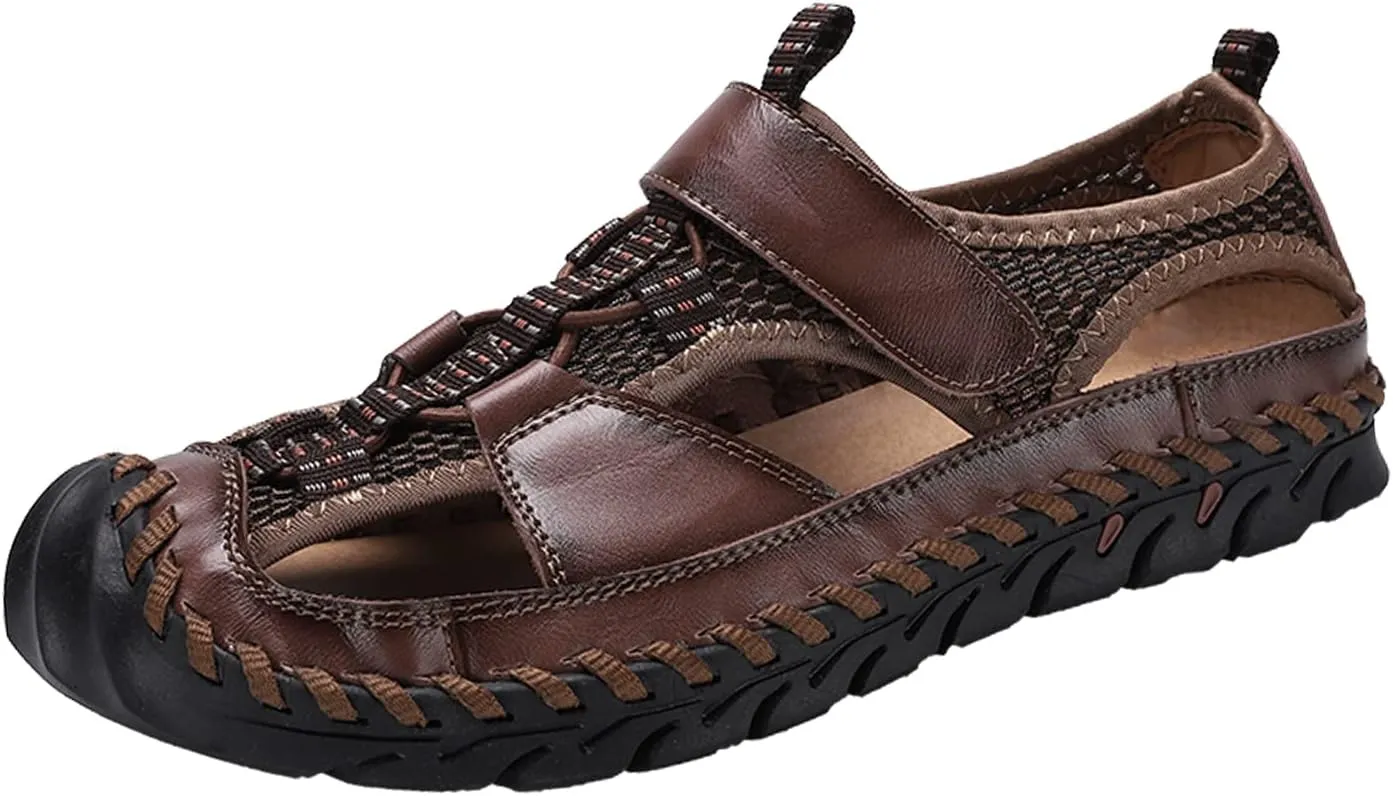 Men's Sandals, Summer Leather Fisherman Beach Shoes Closed Toe Sandals for Men Handmade Breathable Water Sandals Outdoor Non Slip Walking Shoes Anti Collision Comfort Hiking Athletic Slides Sandals
