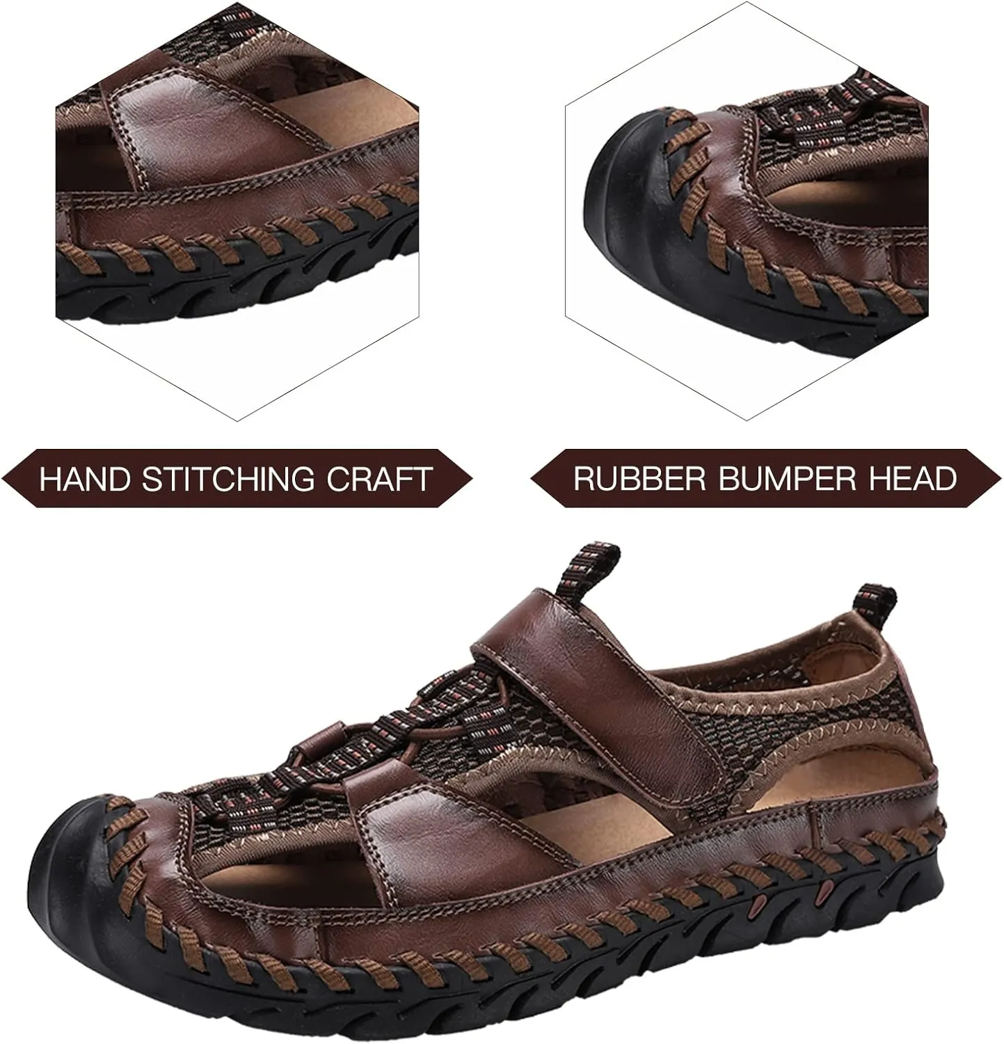 Men's Sandals, Summer Leather Fisherman Beach Shoes Closed Toe Sandals for Men Handmade Breathable Water Sandals Outdoor Non Slip Walking Shoes Anti Collision Comfort Hiking Athletic Slides Sandals