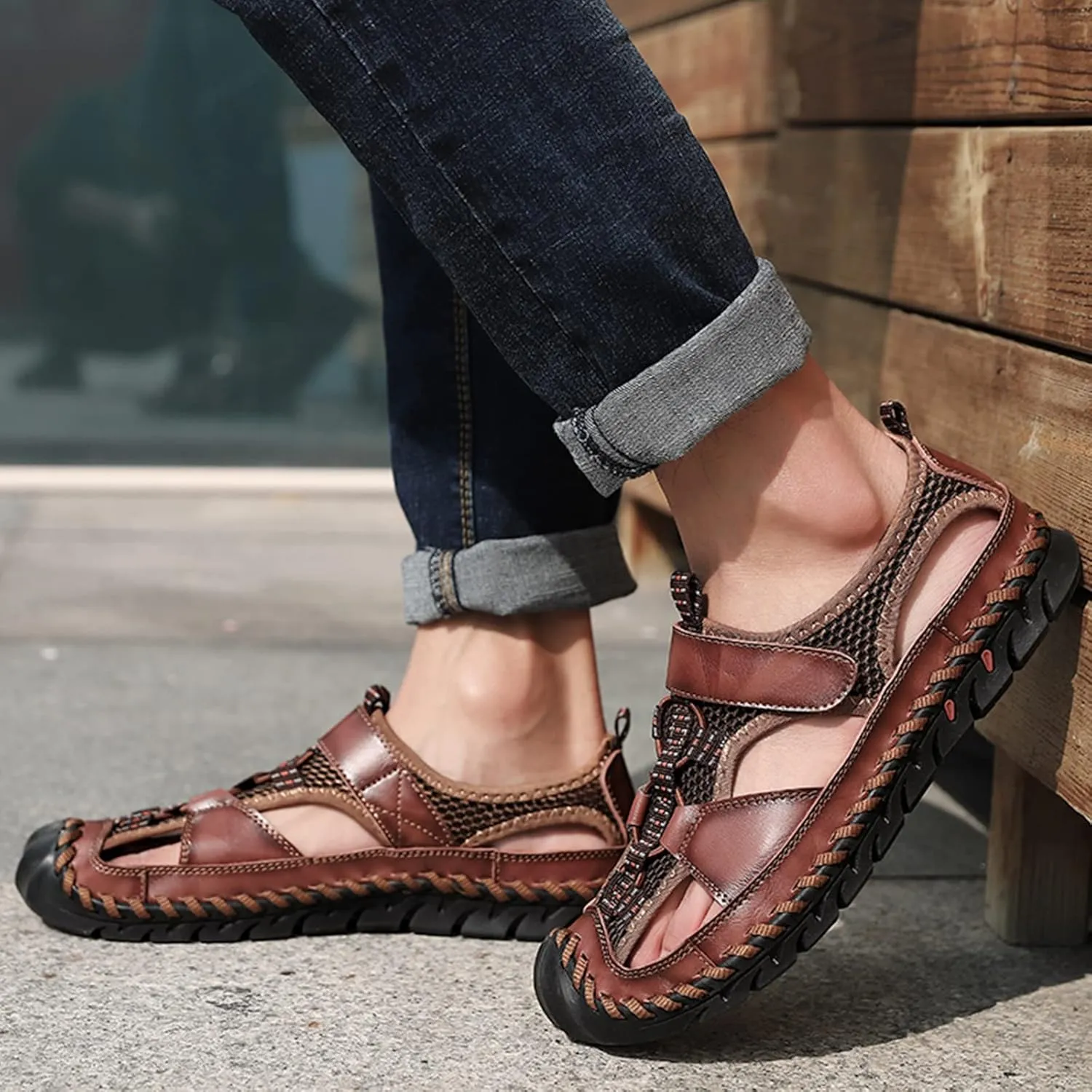 Men's Sandals, Summer Leather Fisherman Beach Shoes Closed Toe Sandals for Men Handmade Breathable Water Sandals Outdoor Non Slip Walking Shoes Anti Collision Comfort Hiking Athletic Slides Sandals