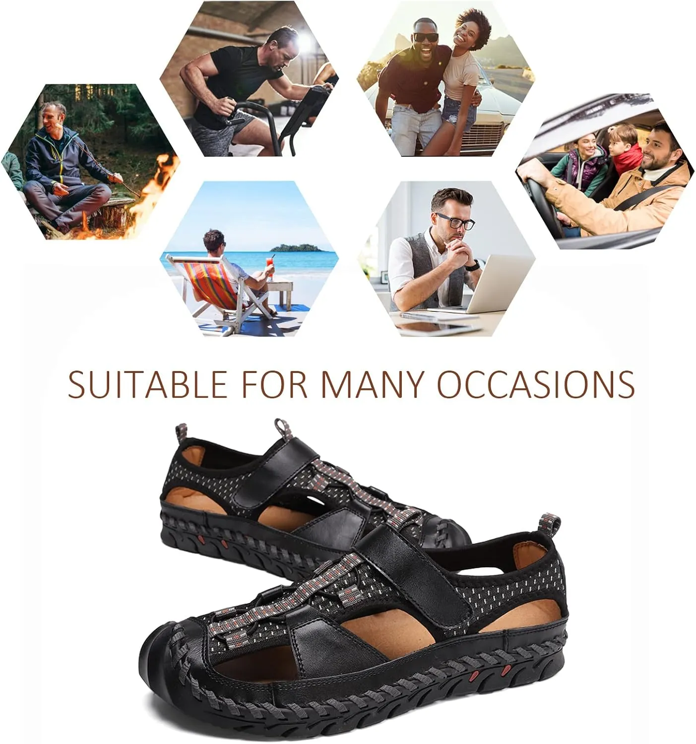 Men's Sandals, Summer Leather Fisherman Beach Shoes Closed Toe Sandals for Men Handmade Breathable Water Sandals Outdoor Non Slip Walking Shoes Anti Collision Comfort Hiking Athletic Slides Sandals