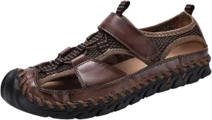 Men's Sandals, Summer Leather Fisherman Beach Shoes Closed Toe Sandals for Men Handmade Breathable Water Sandals Outdoor Non Slip Walking Shoes Anti Collision Comfort Hiking Athletic Slides Sandals