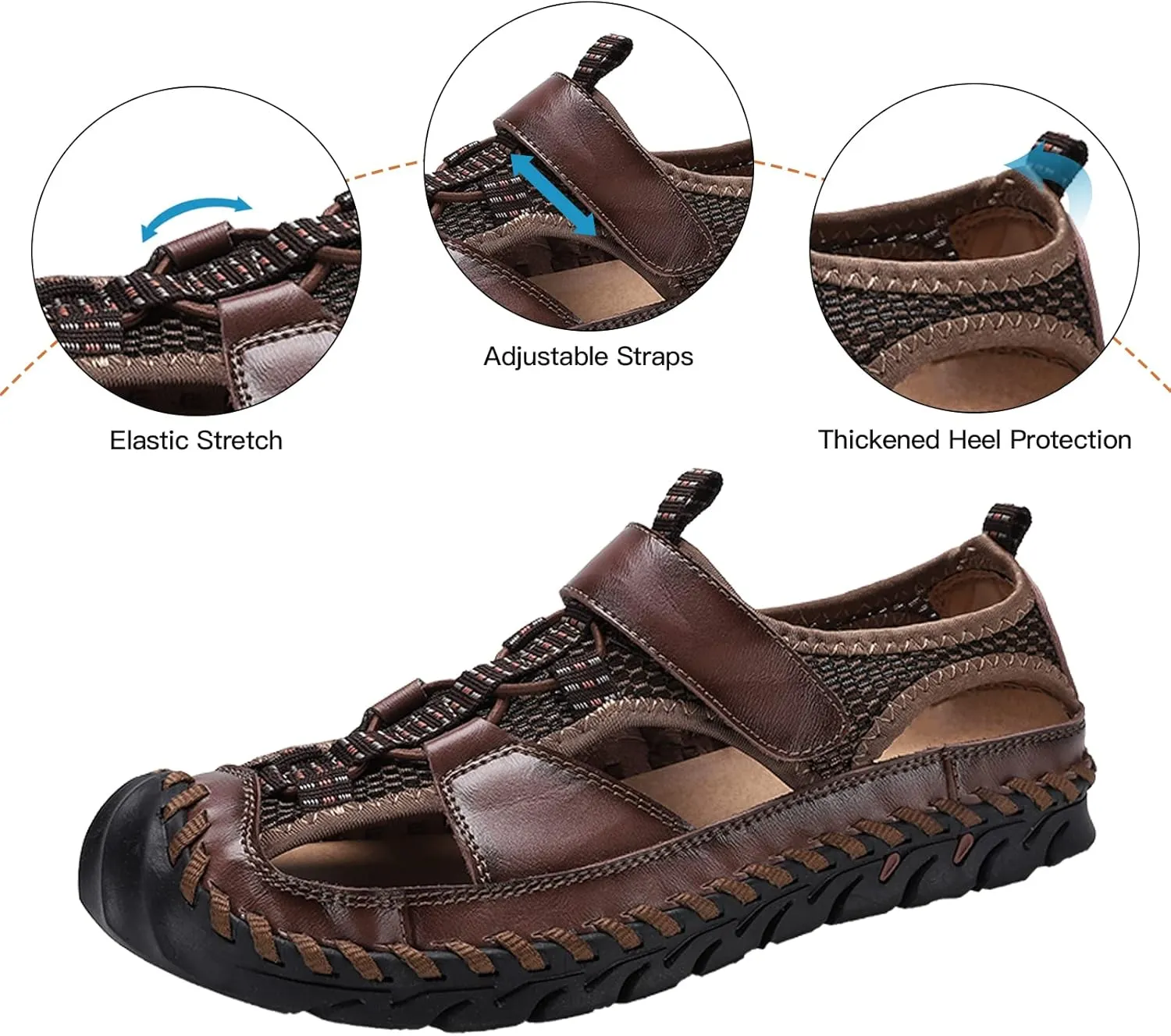 Men's Sandals, Summer Leather Fisherman Beach Shoes Closed Toe Sandals for Men Handmade Breathable Water Sandals Outdoor Non Slip Walking Shoes Anti Collision Comfort Hiking Athletic Slides Sandals