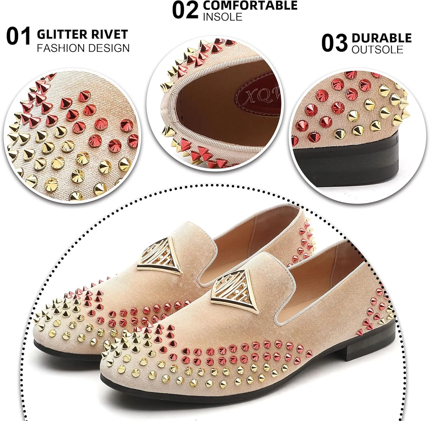 Mens Velvet Loafers Shoes Spiked Dress Shoes with Gold Buckle for Wedding Party Dancing Metallic Slip on Glitter Fashion Prom Shoes