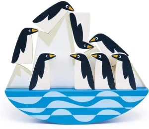 Mentari Wooden Balancing Toy with 8 Penguins on Rocking Iceberg, 7.68-inch Length, Imaginative Play