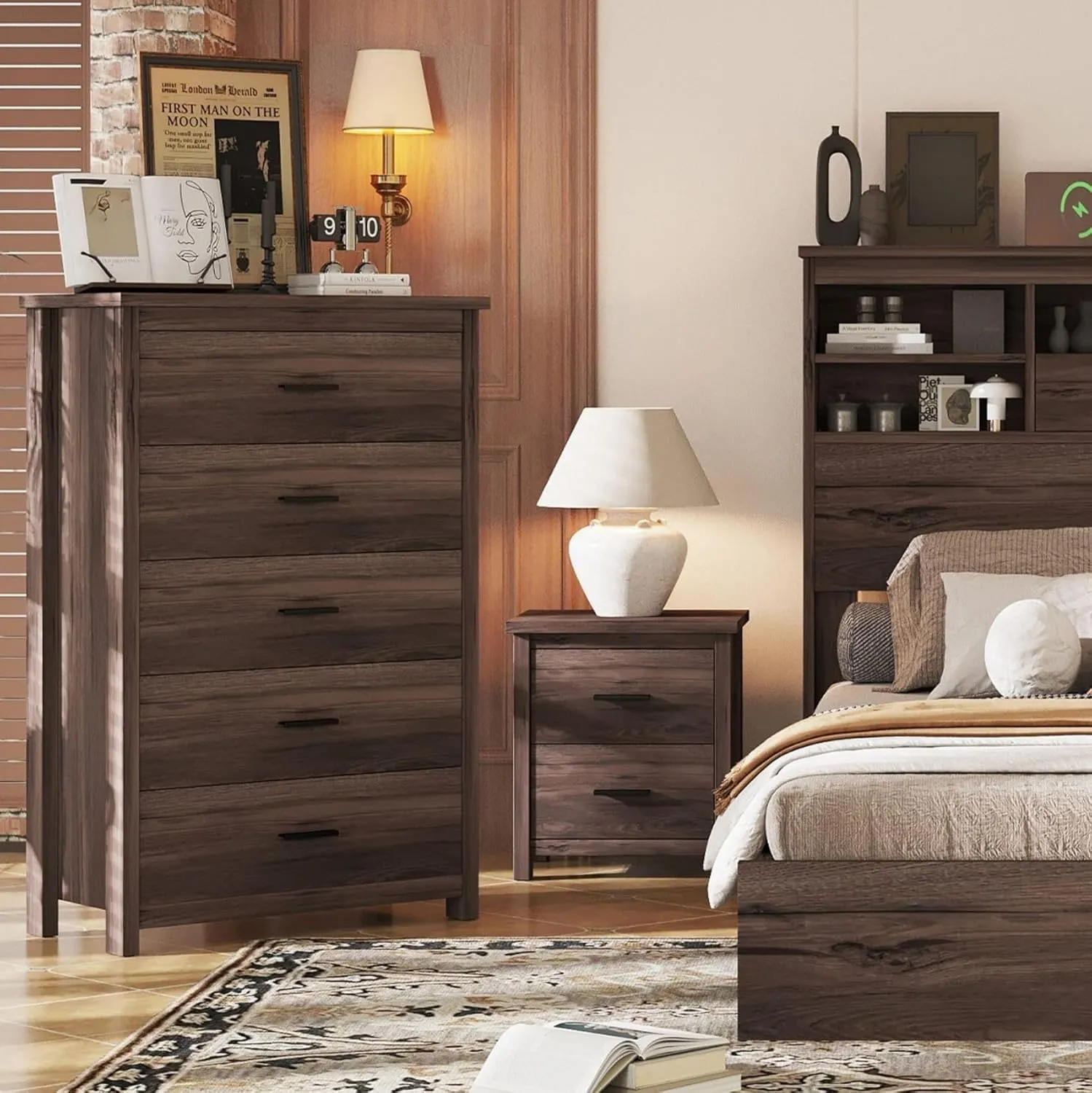 Merax 5 Drawer Tall Wooden Dresser for Bedroom, Retro Chests Office Storage Cabinet Furniture, Walnut