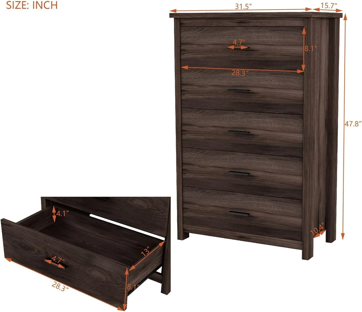Merax 5 Drawer Tall Wooden Dresser for Bedroom, Retro Chests Office Storage Cabinet Furniture, Walnut