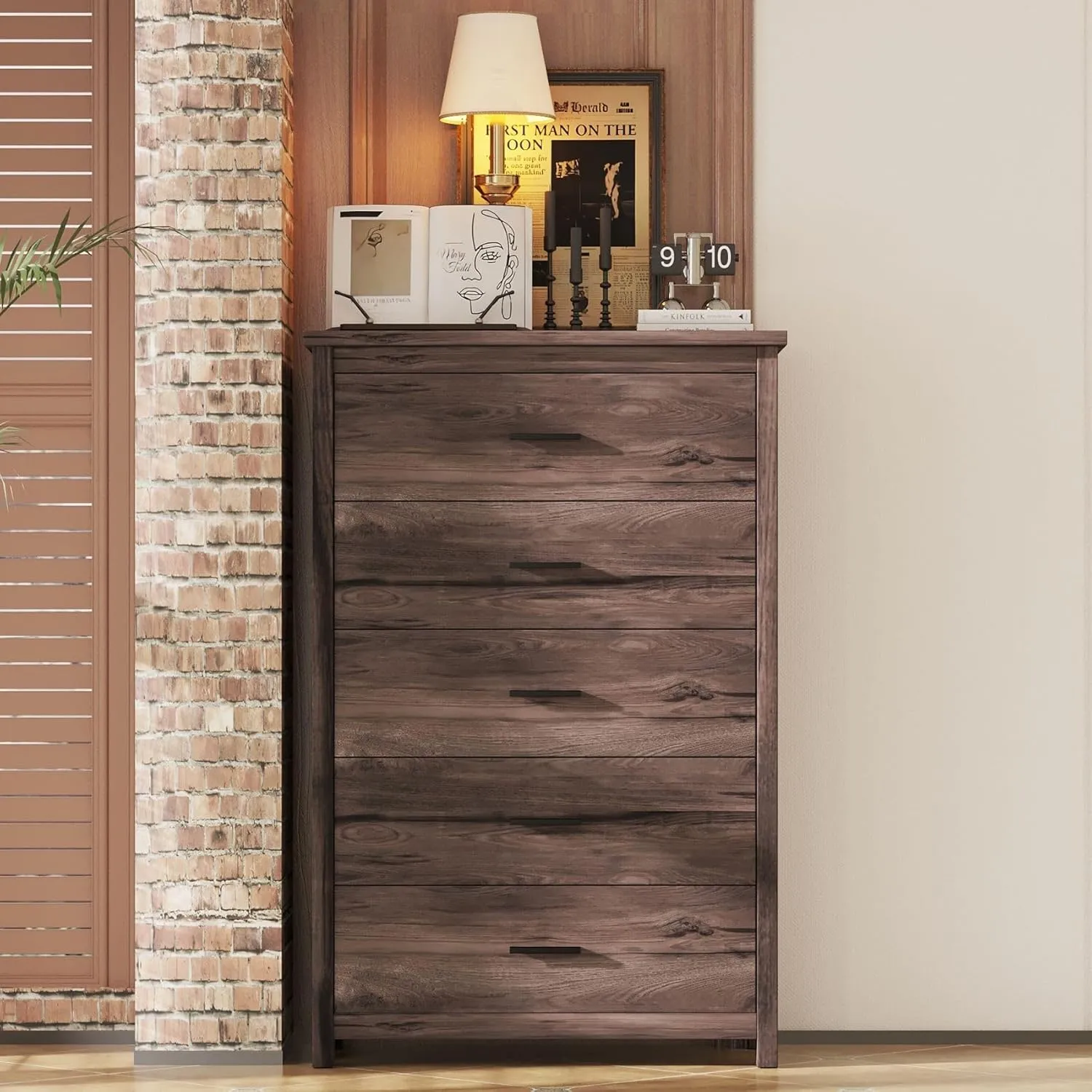 Merax 5 Drawer Tall Wooden Dresser for Bedroom, Retro Chests Office Storage Cabinet Furniture, Walnut