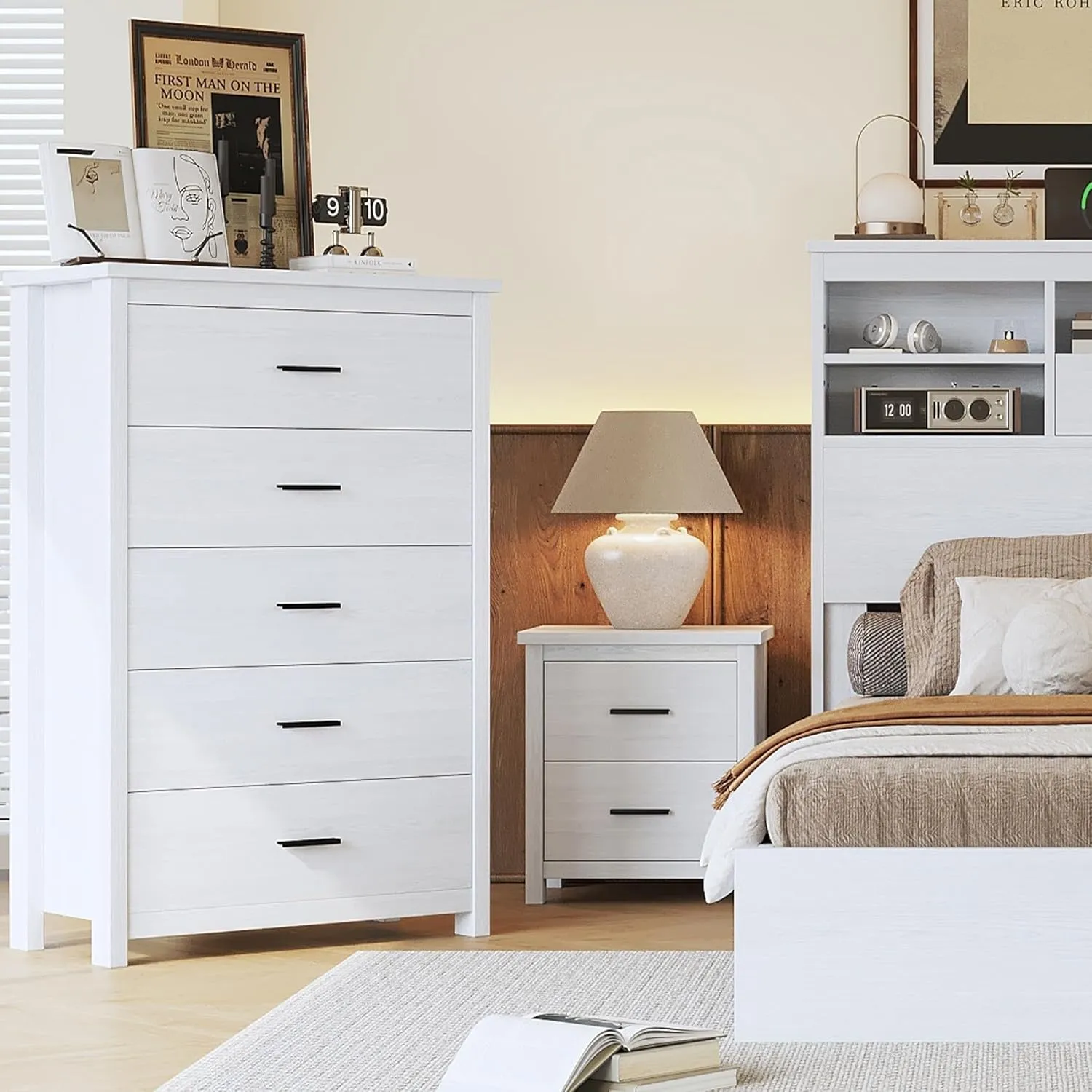 Merax 5 Drawer Tall Wooden Dresser for Bedroom, Retro Chests Office Storage Cabinet Furniture, White