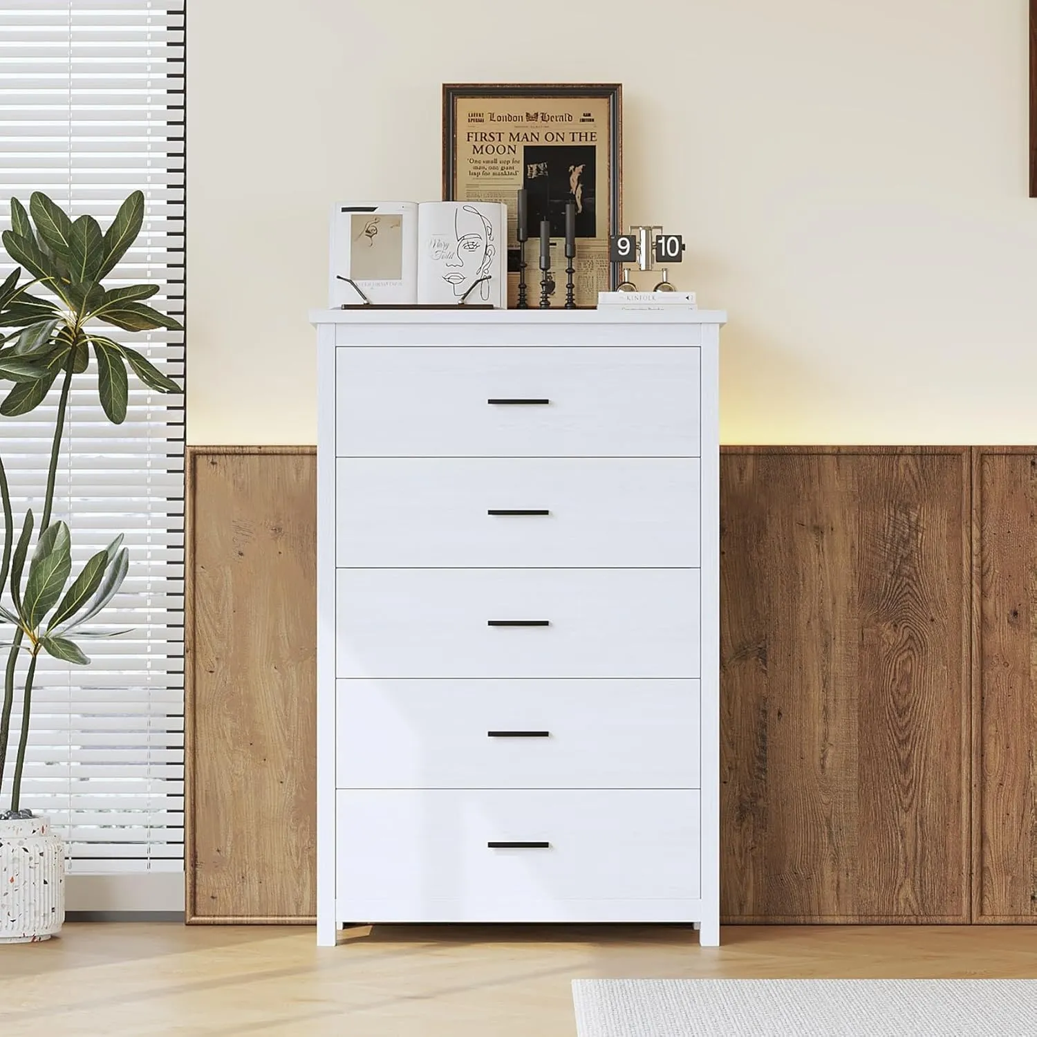 Merax 5 Drawer Tall Wooden Dresser for Bedroom, Retro Chests Office Storage Cabinet Furniture, White