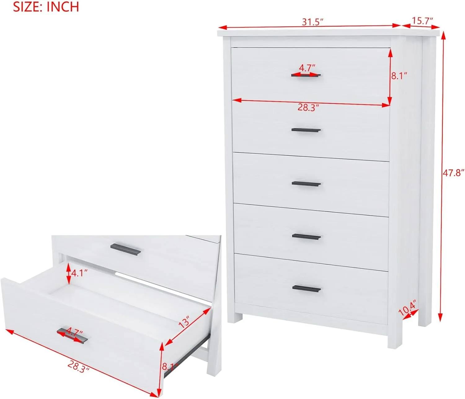 Merax 5 Drawer Tall Wooden Dresser for Bedroom, Retro Chests Office Storage Cabinet Furniture, White