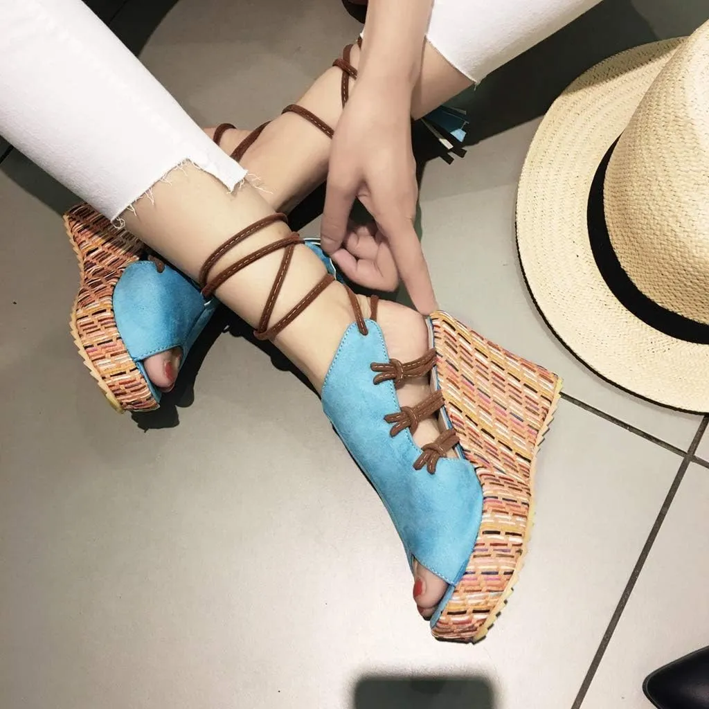 MIOKE Women's Bohemia Tassel Wedge Platform Sandals Peep Toe Lace Up Summer Straw Chunky High Heel Sandal