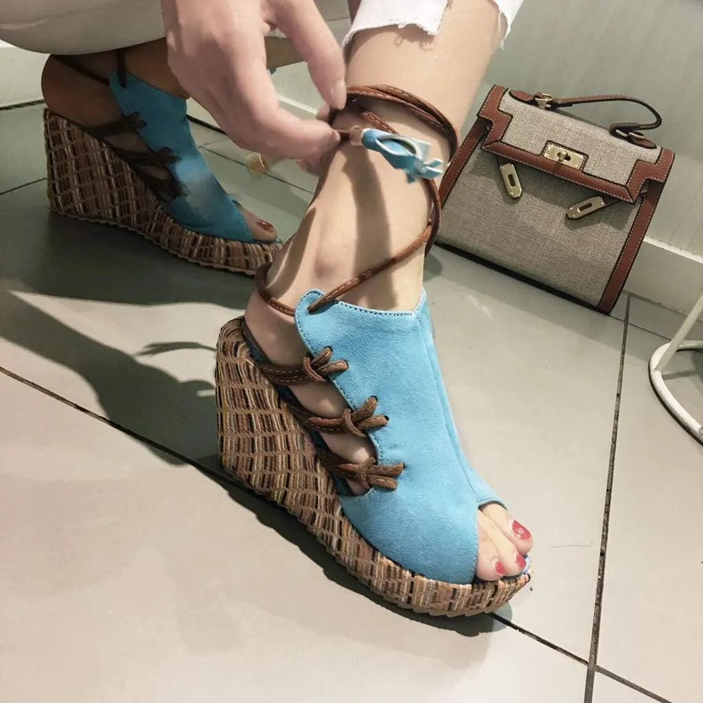 MIOKE Women's Bohemia Tassel Wedge Platform Sandals Peep Toe Lace Up Summer Straw Chunky High Heel Sandal