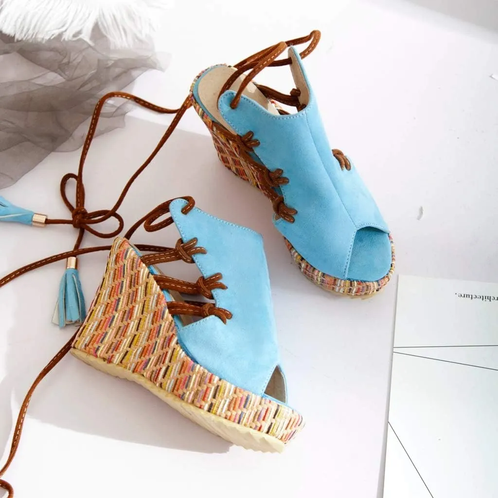 MIOKE Women's Bohemia Tassel Wedge Platform Sandals Peep Toe Lace Up Summer Straw Chunky High Heel Sandal