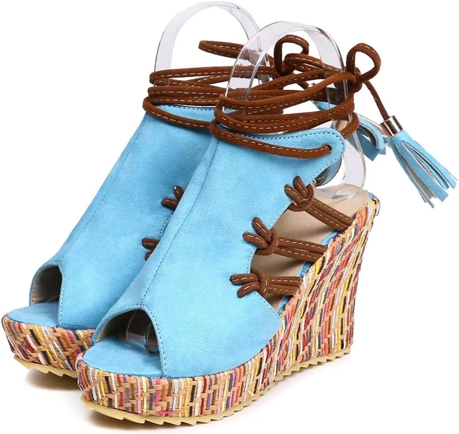 MIOKE Women's Bohemia Tassel Wedge Platform Sandals Peep Toe Lace Up Summer Straw Chunky High Heel Sandal