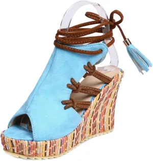 MIOKE Women's Bohemia Tassel Wedge Platform Sandals Peep Toe Lace Up Summer Straw Chunky High Heel Sandal