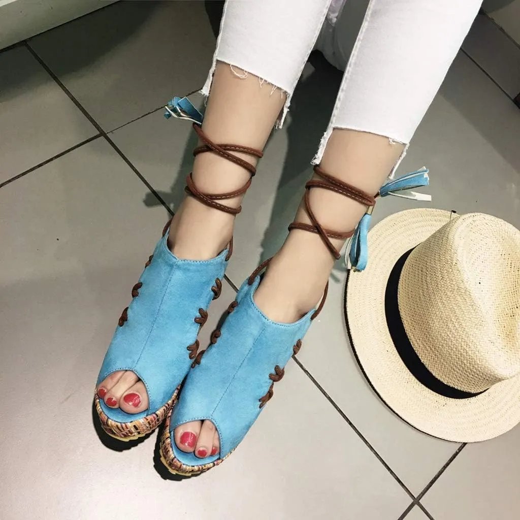 MIOKE Women's Bohemia Tassel Wedge Platform Sandals Peep Toe Lace Up Summer Straw Chunky High Heel Sandal