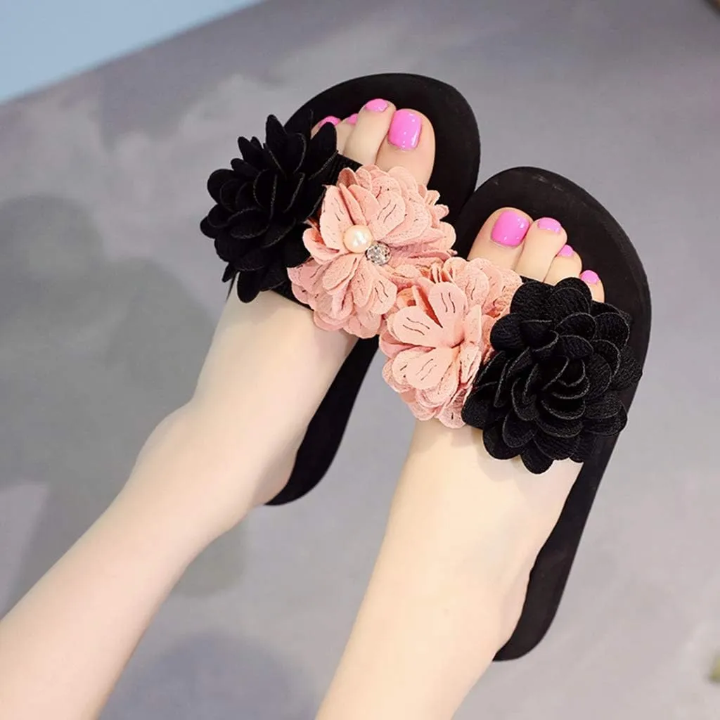 MIOKE Womens Lace Flower Flat Slide Sandals Fashion Bohemia Platform Comfort NonSlip Summer Beach Sandals