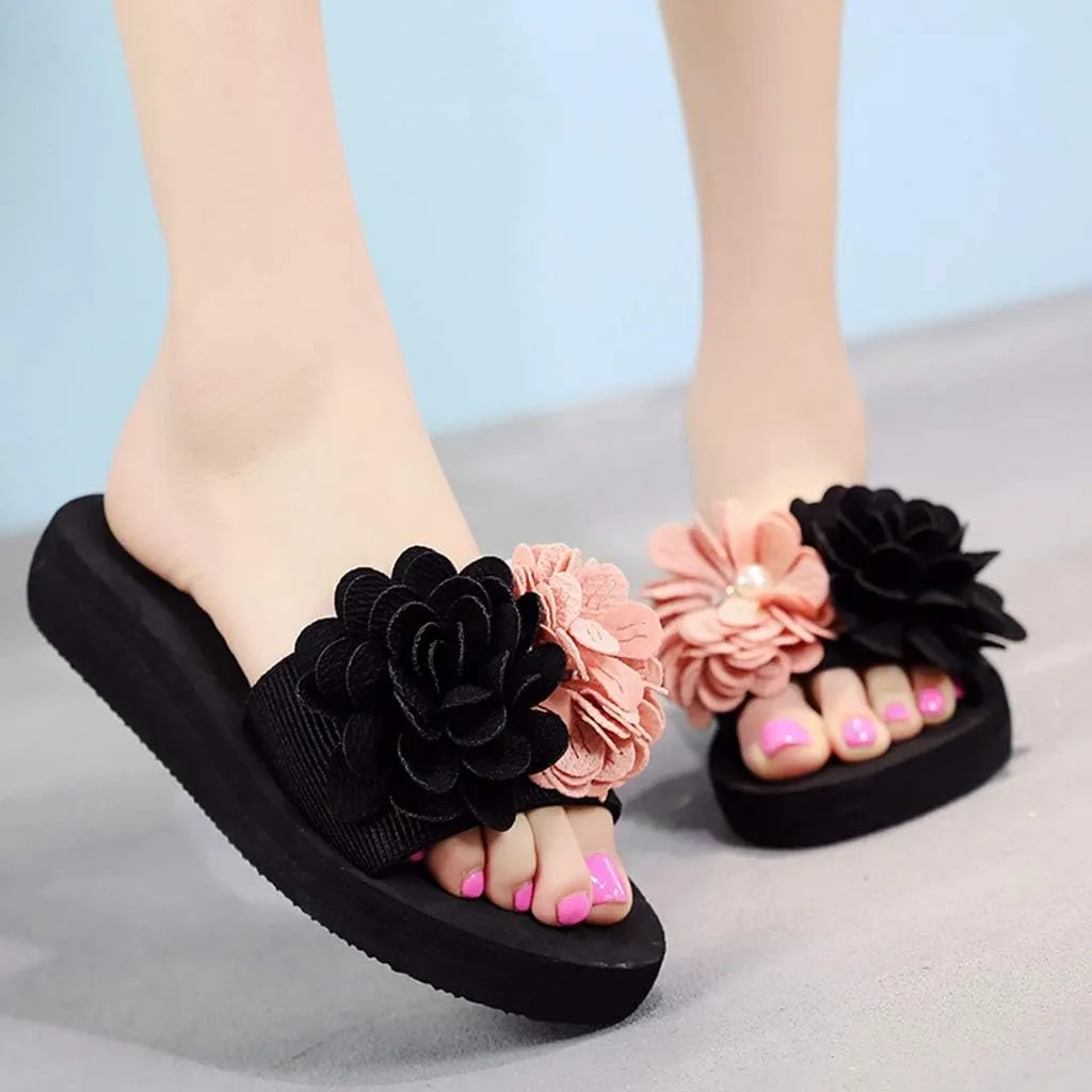 MIOKE Womens Lace Flower Flat Slide Sandals Fashion Bohemia Platform Comfort NonSlip Summer Beach Sandals