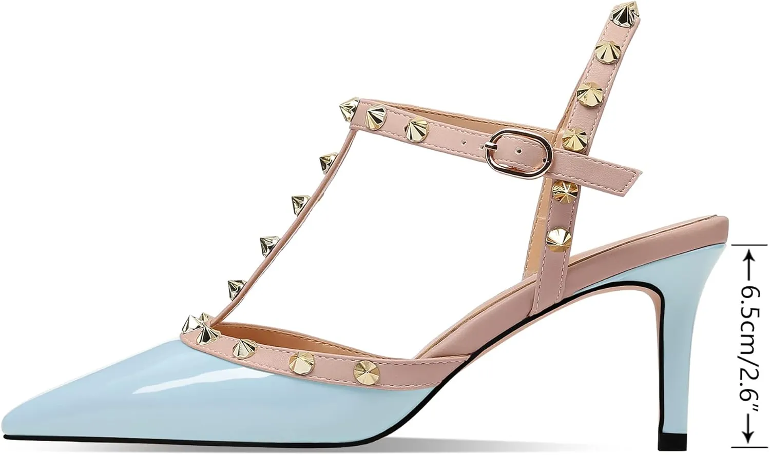 MIRAAZZURRA Women Heeled Sandals Rivet Studded T-Strap Wedding Shoes Stiletto High Heels Pointed Toe Slip On Bridal Pumps for Women