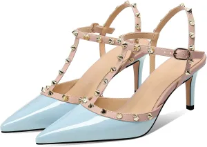 MIRAAZZURRA Women Heeled Sandals Rivet Studded T-Strap Wedding Shoes Stiletto High Heels Pointed Toe Slip On Bridal Pumps for Women