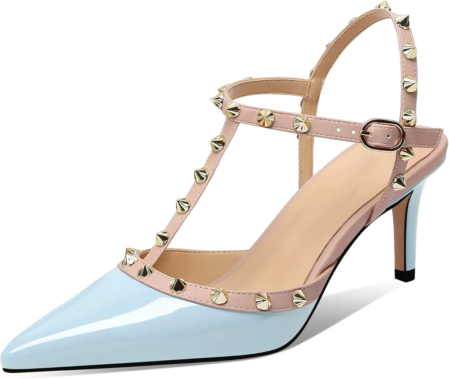 MIRAAZZURRA Women Heeled Sandals Rivet Studded T-Strap Wedding Shoes Stiletto High Heels Pointed Toe Slip On Bridal Pumps for Women