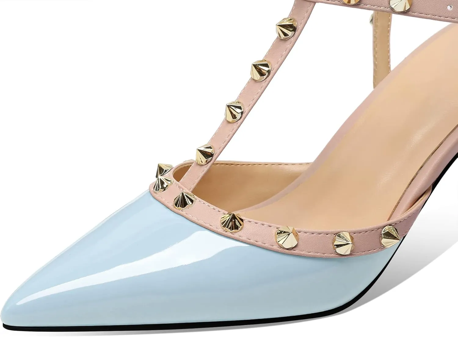 MIRAAZZURRA Women Heeled Sandals Rivet Studded T-Strap Wedding Shoes Stiletto High Heels Pointed Toe Slip On Bridal Pumps for Women