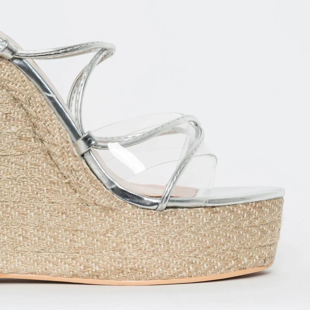 Misty Silver Clear Lace Up Espadrille Wedges