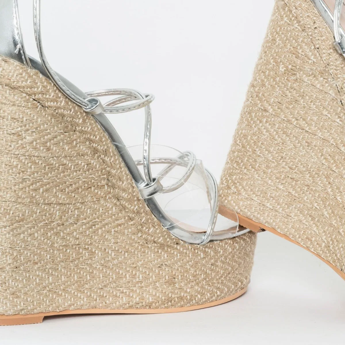 Misty Silver Clear Lace Up Espadrille Wedges