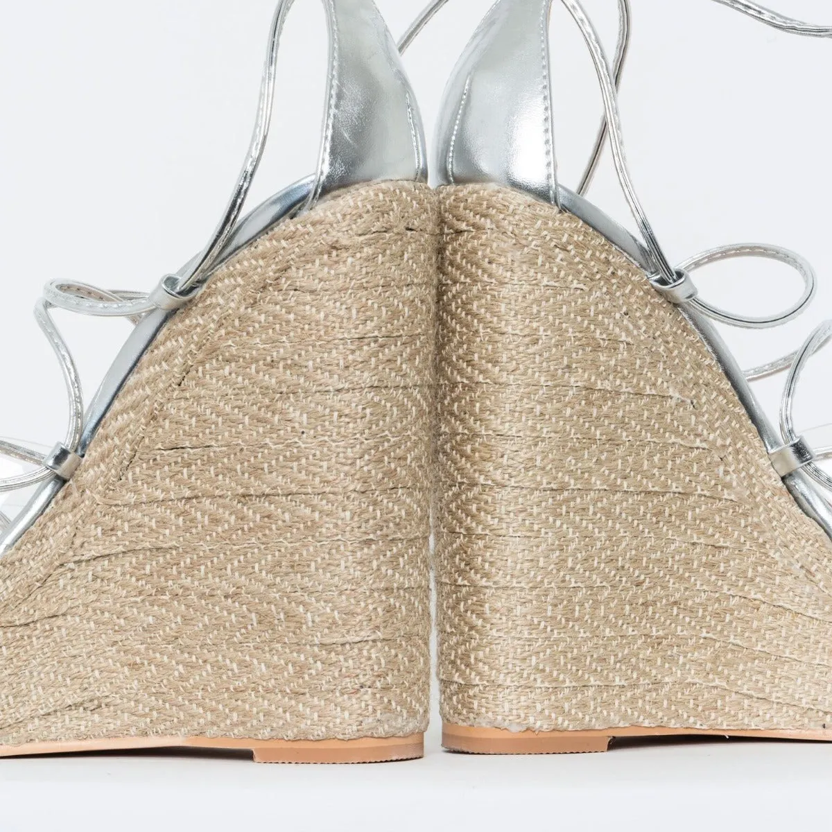 Misty Silver Clear Lace Up Espadrille Wedges