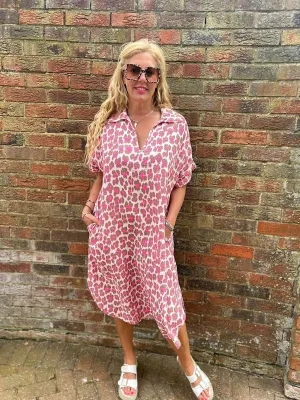 Mocha Bubble Cotton Leopard Shirt Dress Lola