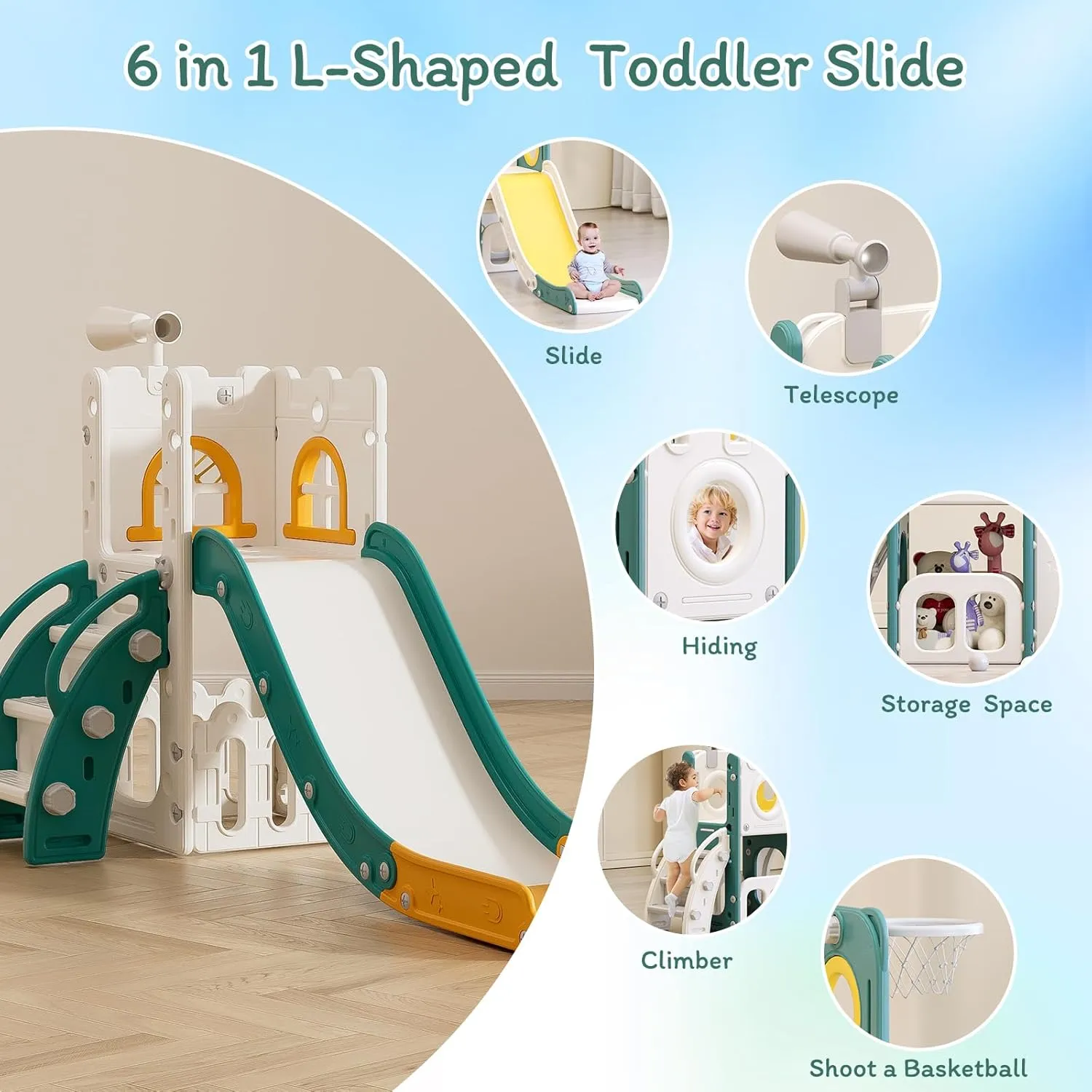 MOCUTEEN 6 in 1 Toddler Slide,Baby Playset for Indoor Outdoor Playground with Basketball Hoop,Storage and Telescope,Climbing Toys for Toddler Playground Playset