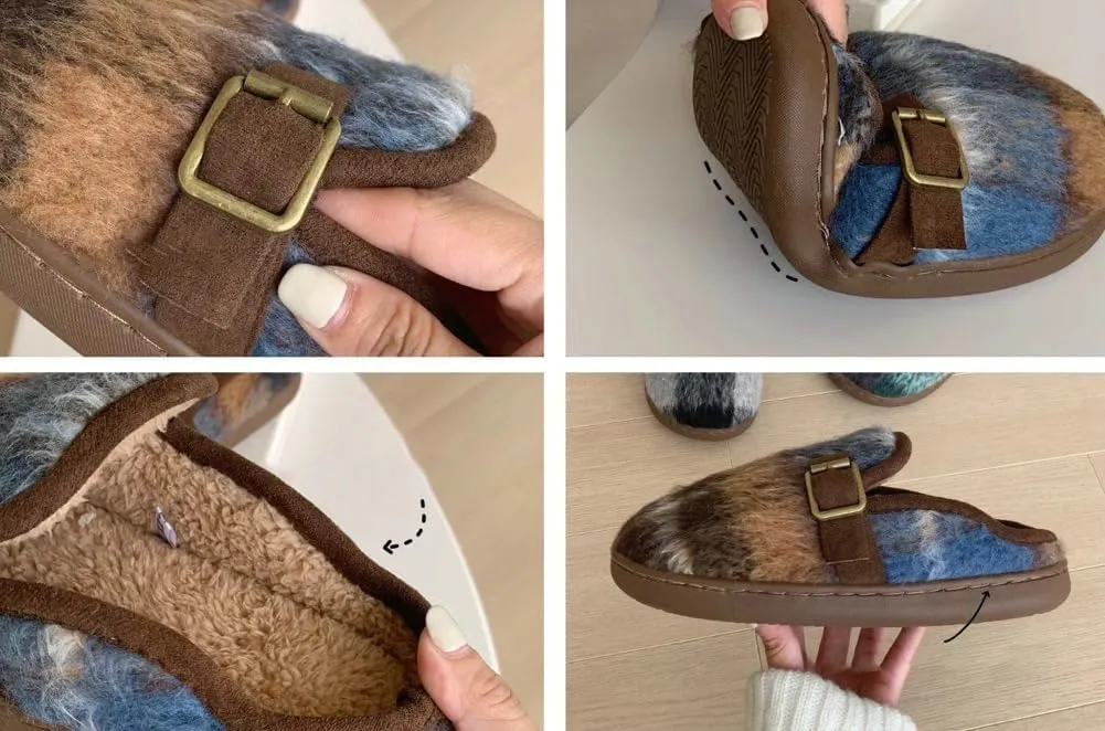 Molodo Plush Checkered Women's Slippers Two-Tone Plaid Colors Winter Warm Slippers Furry Anti-skid House Shoes Indoor Outdoor