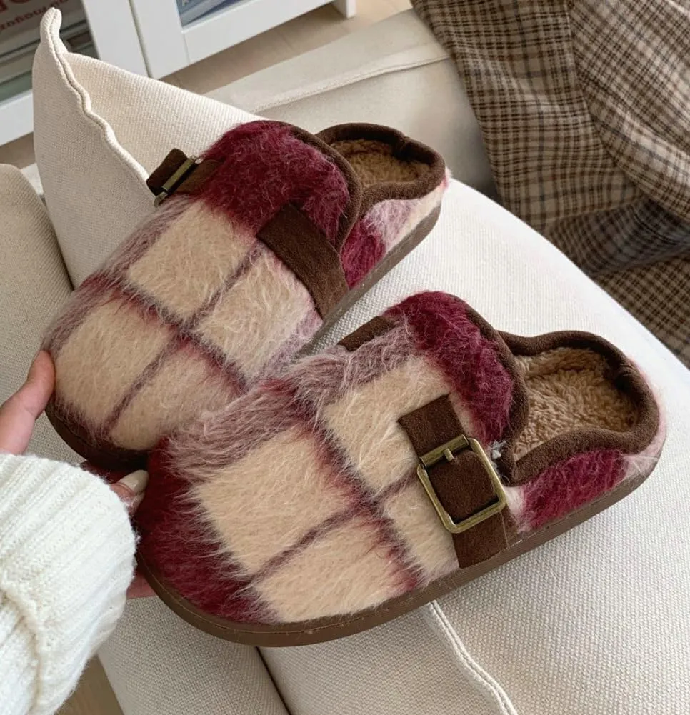 Molodo Plush Checkered Women's Slippers Two-Tone Plaid Colors Winter Warm Slippers Furry Anti-skid House Shoes Indoor Outdoor