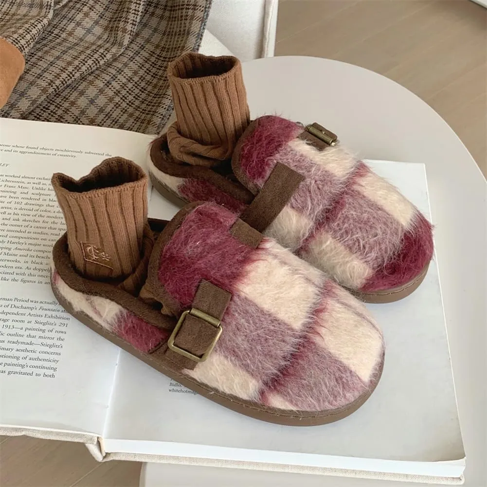 Molodo Plush Checkered Women's Slippers Two-Tone Plaid Colors Winter Warm Slippers Furry Anti-skid House Shoes Indoor Outdoor