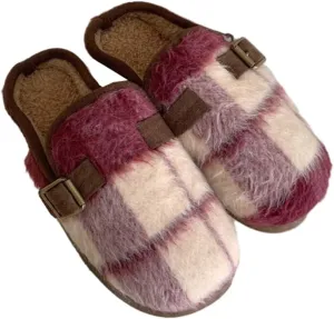 Molodo Plush Checkered Women's Slippers Two-Tone Plaid Colors Winter Warm Slippers Furry Anti-skid House Shoes Indoor Outdoor