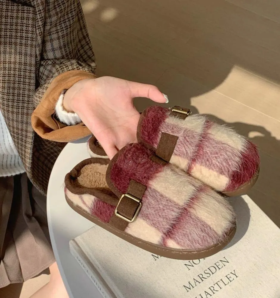 Molodo Plush Checkered Women's Slippers Two-Tone Plaid Colors Winter Warm Slippers Furry Anti-skid House Shoes Indoor Outdoor