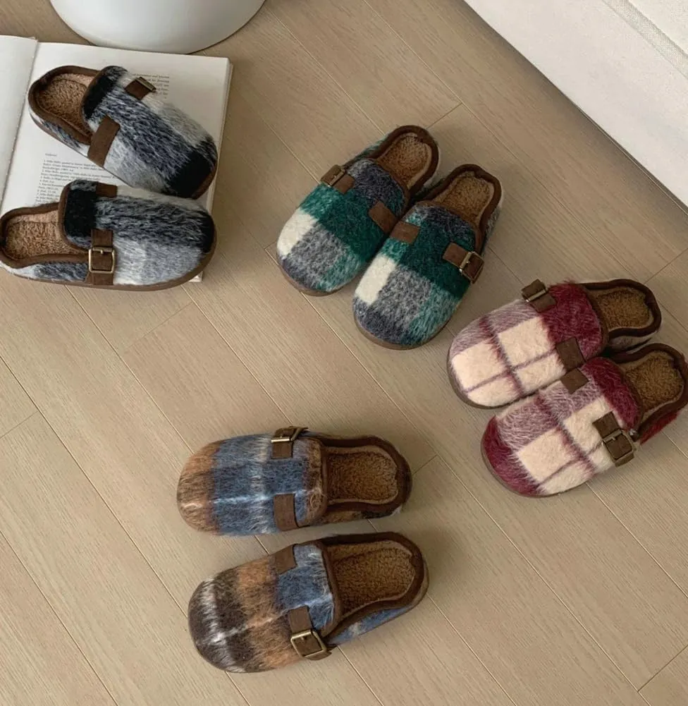 Molodo Plush Checkered Women's Slippers Two-Tone Plaid Colors Winter Warm Slippers Furry Anti-skid House Shoes Indoor Outdoor