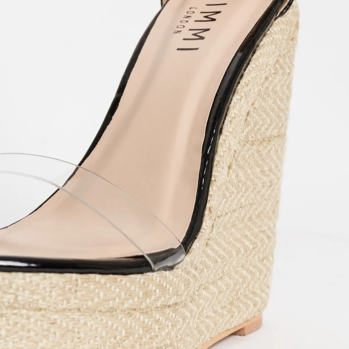 Monique Black Patent Clear Espadrille Wedges