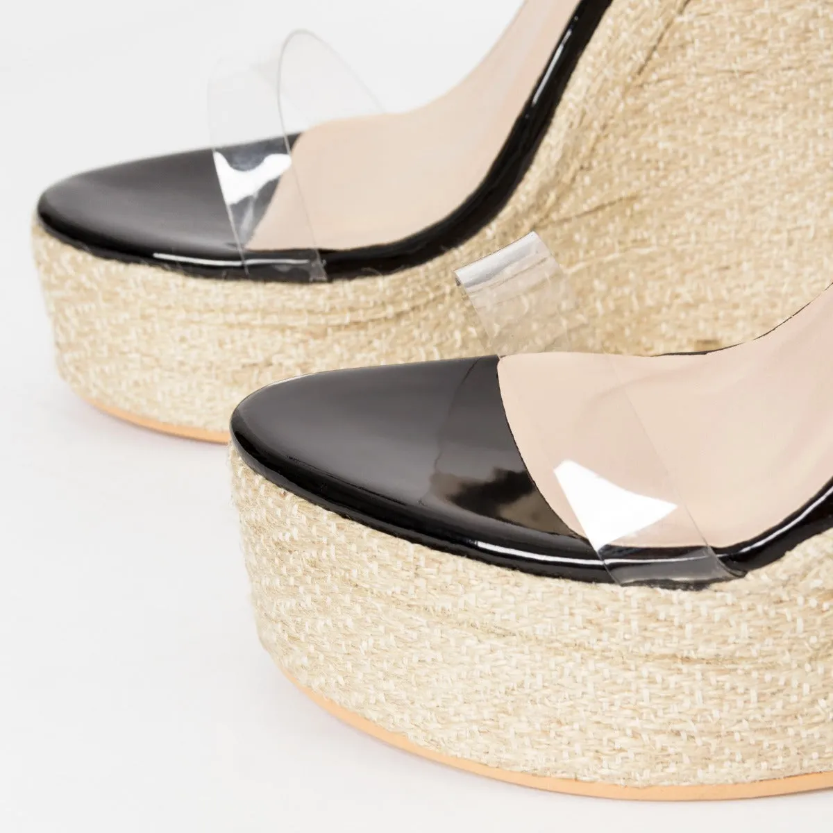 Monique Black Patent Clear Espadrille Wedges